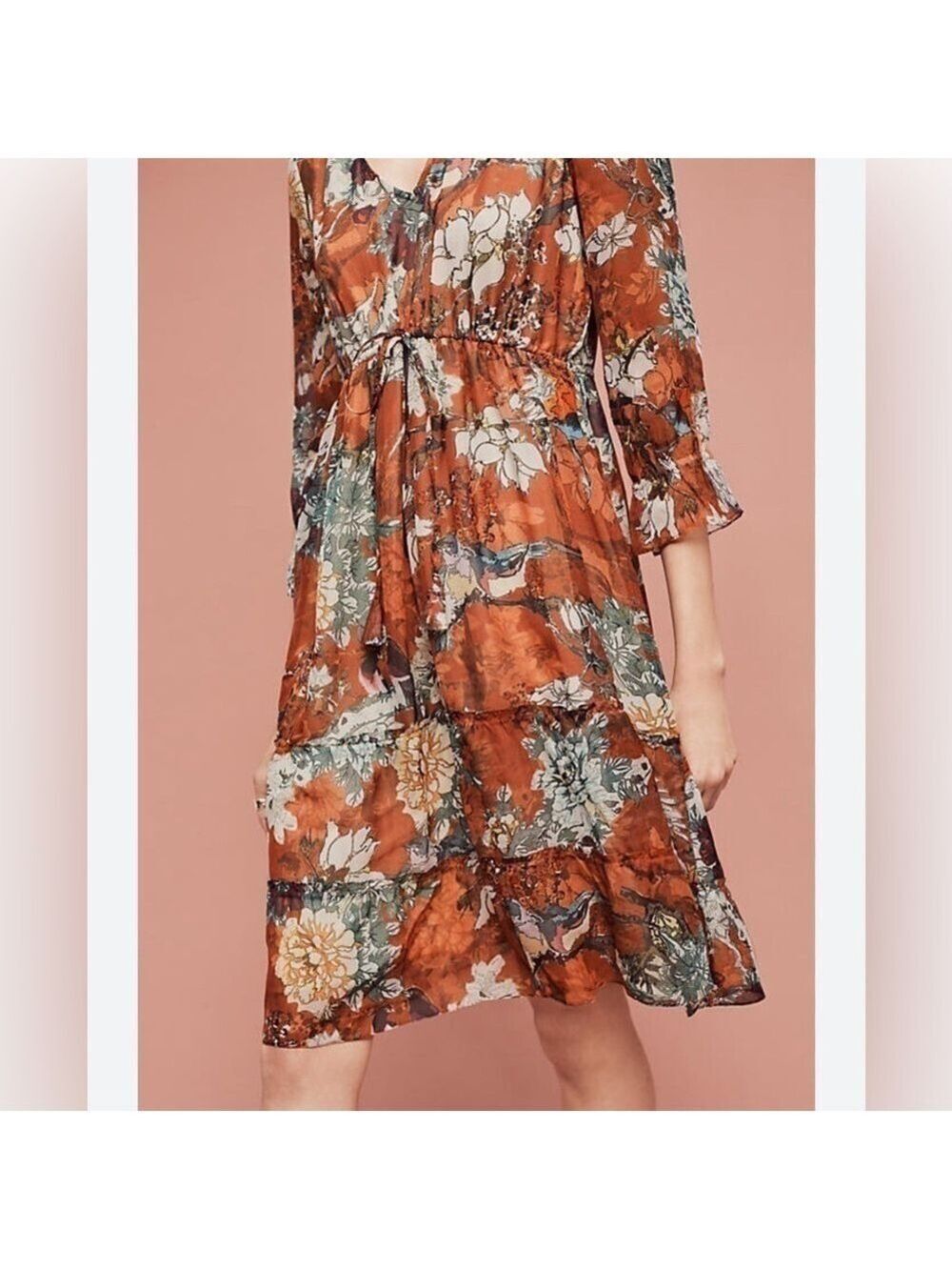 Hemant & Nandita Anthropologie chiffon printed peasant midi dress size 6